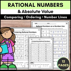 May include: A workbook titled "Rational Numbers & Absolute Value" with worksheets on comparing, ordering, and number lines. The cover features a cartoon girl holding a binder. The workbook has 12 pages.