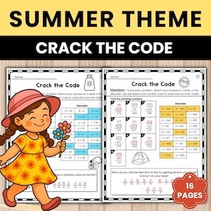 May include: A summer-themed activity book titled "Crack the Code." The cover shows a cartoon girl in a sun hat and yellow dress holding flowers. The book contains decoding puzzles and a sticker indicating "16 Pages".
