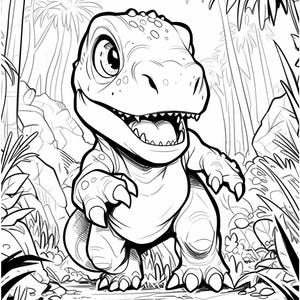 May include: Black and white illustration of a cartoon dinosaur with large eyes and an open mouth, set against a jungle backdrop. The dinosaur has sharp claws and is surrounded by detailed foliage.