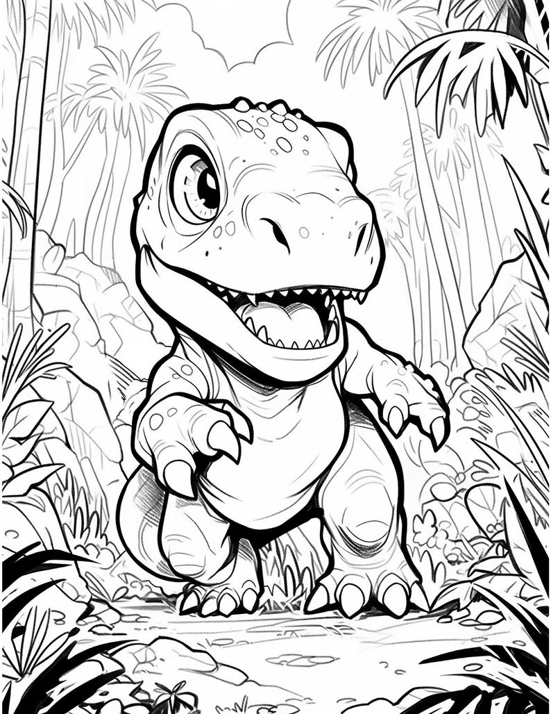 May include: Black and white illustration of a cartoon dinosaur with large eyes and an open mouth, set against a jungle backdrop. The dinosaur has sharp claws and is surrounded by detailed foliage.