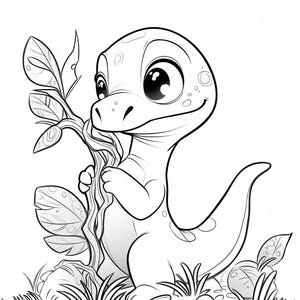 May include: A black and white illustration of a cartoon dinosaur with large eyes, holding a plant stem. The dinosaur is surrounded by grass, rocks, and leaves, creating a whimsical scene. The image is suitable for coloring books or children's art projects.