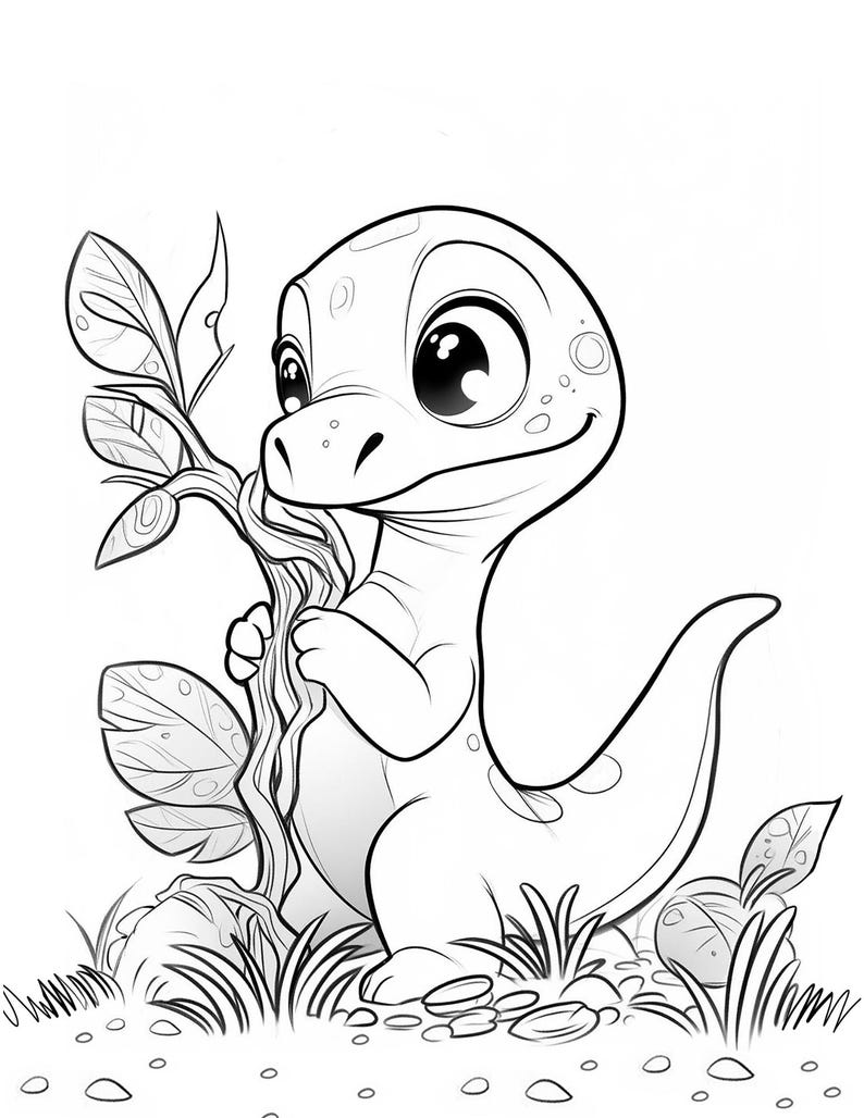 May include: A black and white illustration of a cartoon dinosaur with large eyes, holding a plant stem. The dinosaur is surrounded by grass, rocks, and leaves, creating a whimsical scene. The image is suitable for coloring books or children's art projects.
