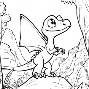 May include: Black and white line art illustration of a cartoon dragon with large eyes and wings, standing on a rock. The dragon is set against a background of trees, grass, and rocky hills.