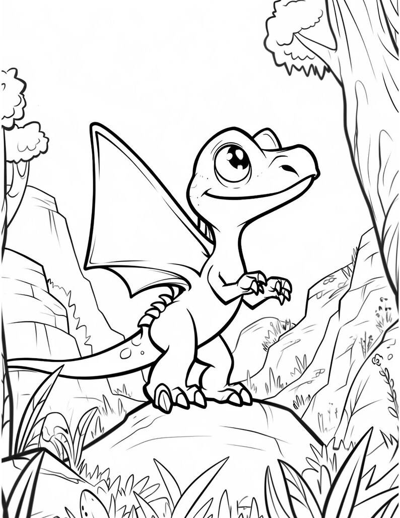 May include: Black and white line art illustration of a cartoon dragon with large eyes and wings, standing on a rock. The dragon is set against a background of trees, grass, and rocky hills.