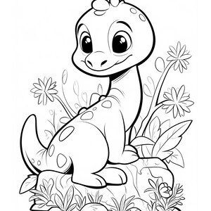 May include: A black and white illustration of a cartoon dinosaur sitting on a rock. The dinosaur has large eyes, a friendly smile, and spots on its back. Flowers and foliage surround the dinosaur, creating a whimsical scene.