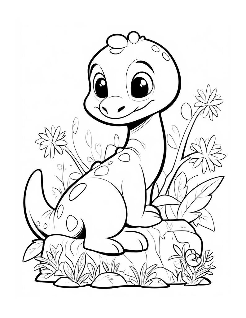 May include: A black and white illustration of a cartoon dinosaur sitting on a rock. The dinosaur has large eyes, a friendly smile, and spots on its back. Flowers and foliage surround the dinosaur, creating a whimsical scene.