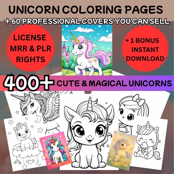 400 + Unicorn coloring pages MRR,unicorn coloring pages PLR, unicorn coloring book,cute unicorn coloring pages,magical unicorn