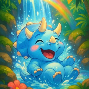May include: A cheerful blue triceratops dinosaur illustration with a waterfall and rainbow backdrop. The dinosaur has yellow horns and is smiling. Lush green foliage and colorful flowers frame the scene, creating a vibrant, playful image.