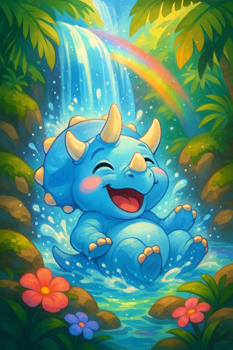 May include: A cheerful blue triceratops dinosaur illustration with a waterfall and rainbow backdrop. The dinosaur has yellow horns and is smiling. Lush green foliage and colorful flowers frame the scene, creating a vibrant, playful image.