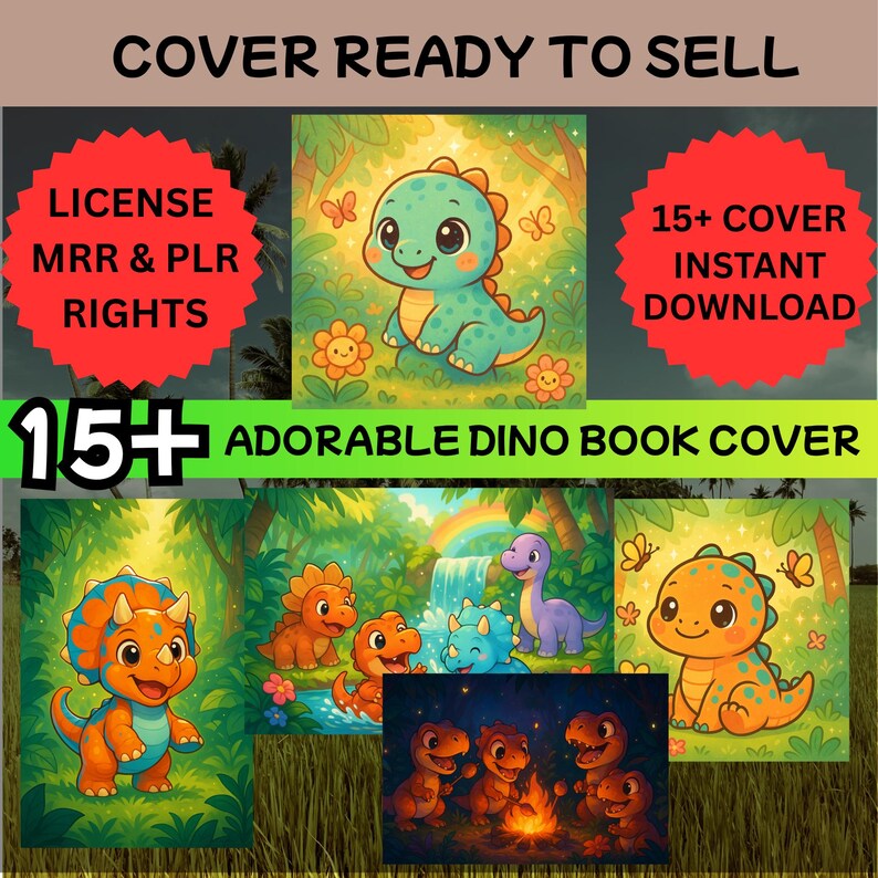 May include: A collection of illustrated dinosaur book covers. The image features a variety of colorful, cartoon dinosaurs in different scenes, including a green dinosaur with butterflies, and a group of dinosaurs around a campfire. Text includes "COVER READY TO SELL" and "15+ ADORABLE DINO BOOK COVER."
