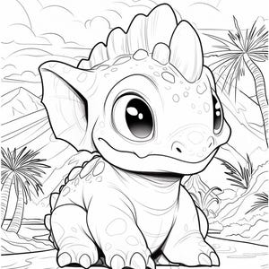 May include: Black and white illustration of a cartoon dinosaur with large eyes, a spiky back, and a friendly expression. The background features a landscape with palm trees and clouds, suitable for coloring.