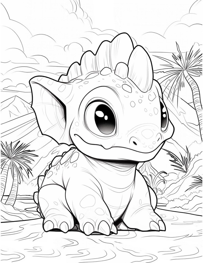 May include: Black and white illustration of a cartoon dinosaur with large eyes, a spiky back, and a friendly expression. The background features a landscape with palm trees and clouds, suitable for coloring.