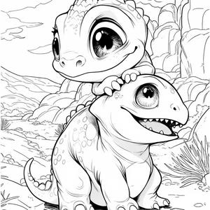 May include: Black and white illustration of two cartoon dinosaurs. One dinosaur is sitting, and the other is on top of it. The dinosaurs have large eyes and are smiling. The background shows a desert landscape with rocks and clouds.