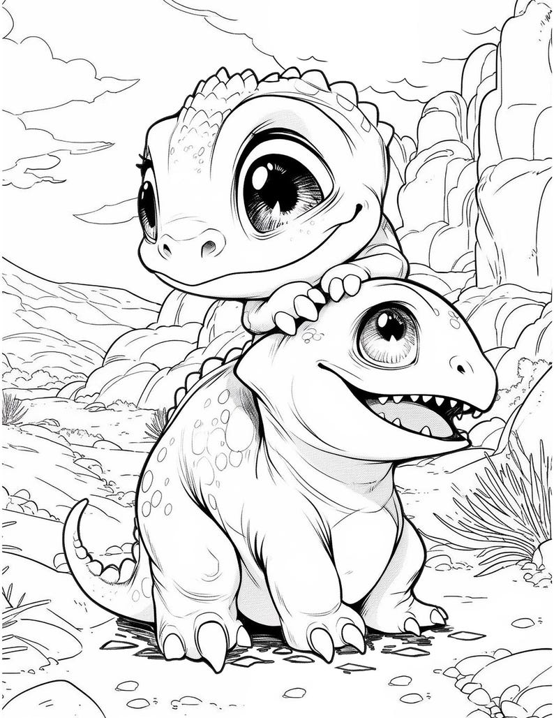May include: Black and white illustration of two cartoon dinosaurs. One dinosaur is sitting, and the other is on top of it. The dinosaurs have large eyes and are smiling. The background shows a desert landscape with rocks and clouds.