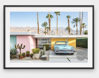 Palm Springs Mid-Century Print: Retro Car & Pink House (Digital Download)