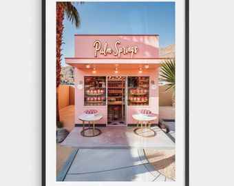 Palm Springs Pink Bakery Art Print: Retro California Desert Decor (Digital Download)