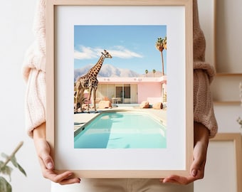 Palm Springs Giraffe Pool Print, Retro Art, California Decor, Palm Trees, Mid Century, Desert Prints, Printable Poster, Gift, Nursery Print