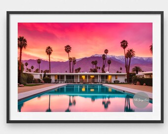 Plakat z Palm Springs w stylu vintage, prezent dla niej, kalifornijski styl mid-century modern, basen, kalifornijska pustynia, plakat z Palm Springs, wydruk retro