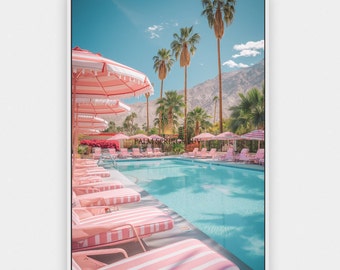 Impressão digital de piscina em Palm Springs, estilo meados do século XX, com palmeiras, decoração californiana, estampa desértica, Palm Springs vintage, presente para ela, rosa.