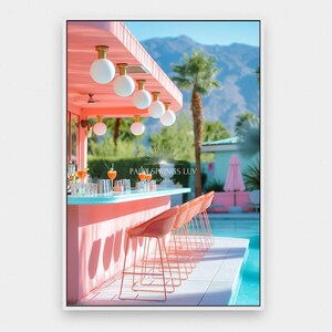 May include: A pink bar with orange drinks and a row of orange metal bar stools. The bar is outdoors with a pool and palm trees in the background. The text "Palm Springs Luv Digital Art" is visible on the bar.