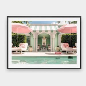 May include: A serene outdoor scene featuring a swimming pool, lounge chairs with zebra-print cushions, and pink umbrellas. The building has a mint green facade and a striped awning. The image is framed in a black border.