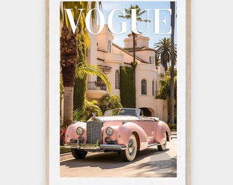 California Magazine Cover, Beverly Hills Magazine Cover Poster, Pink Vintage Car, Gift For Her, Palm Trees, Retro Magazine Print, Download