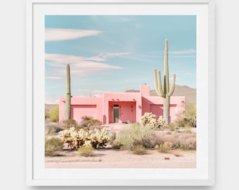 Palm Springs House Poster Digital Download Western Pink Adobe Desert Cactus Wall Art