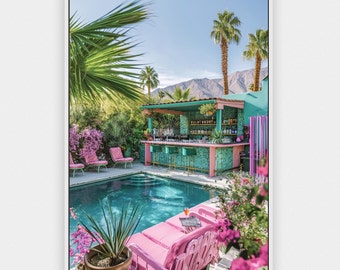 Impressão artística da piscina de Palm Springs: bar de coquetéis retrô, decoração de meados do século (download digital)