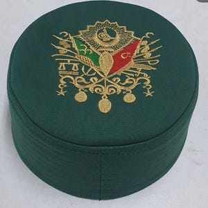 Green Kufi Hat: Islamic Prayer Cap with Gold Tughra