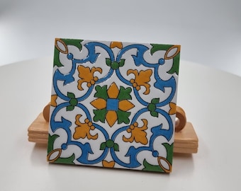 Dessous de verre en carreaux portugais | Céramique artisanale 10 x 10 cm | Motif traditionnel bleu, jaune et vert