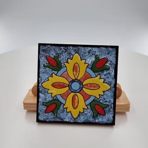 Hand-Painted Portuguese Tile 10x10 cm – Traditional Yellow Floral Design with Rustic Blue Background