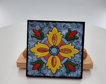 Hand-Painted Portuguese Tile 10x10 cm – Traditional Yellow Floral Design with Rustic Blue Background