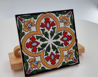 Hand Painted Portuguese Ceramic Tile 10x10 cm – Traditional Floral Geometric Design – Decorative Wall Art