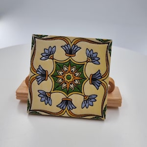 Hand-Painted Portuguese Ceramic Tile: Blue & Green Floral Azulejo