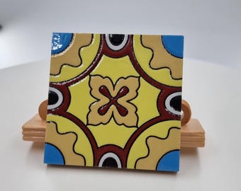 Portuguese Ceramic Tile 10x10 cm – Yellow & Blue Hand-Painted Design