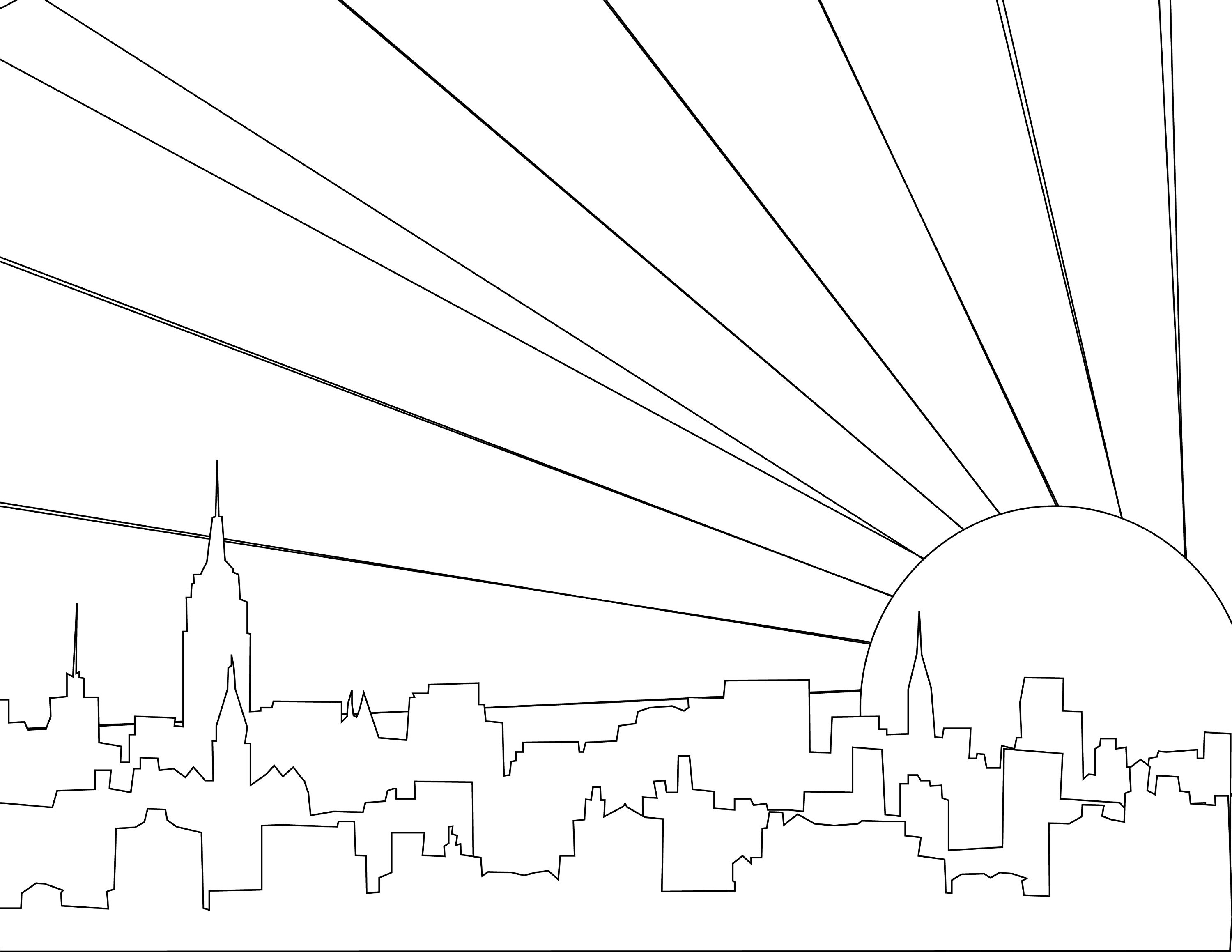 New York City skyline sunrise coloring page download adult | Etsy