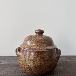 Vaso con coperchio in gres di Guy Baudat, La Borne Studio Pottery, vaso in ceramica francese cotto a legna, recipiente con smalto effetto cenere screziato