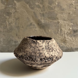 Può includere: Una piccola ciotola in ceramica a profilo basso con una spalla larga e inclinata e una stretta apertura circolare. L'esterno presenta una superficie ruvida e molto strutturata con una finitura screziata beige e marrone scuro.