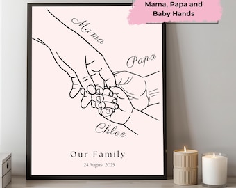 Impresión artística de manos de mamá, papá y bebé: Decoración minimalista para habitación infantil (arte digital personalizable)