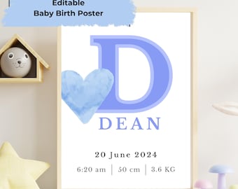Blue Baby Initial Poster: Custom Nursery Art, Printable Keepsake (Digital Download)