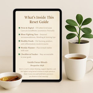 May include: A digital tablet displays text: "What's Inside This Reset Guide." The guide includes sections on teas, healthy foods, and a weekly planner. A white mug with tea, a small plant, and a bowl with lemon and cinnamon sticks are also visible.