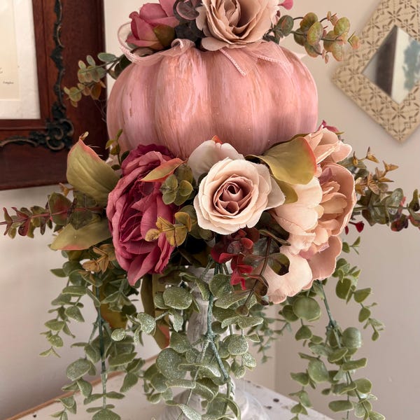 Fall Cottage Pumpkin Arrangement: Candlestick Decor with Roses