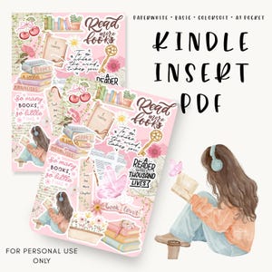Può includere: PDF di inserimento Kindle rosa con un design a collage con libri, fiori e il testo "Read more books". Il design include illustrazioni di una persona che legge e le frasi "So many books, so little time" e "To go where the wind takes you".