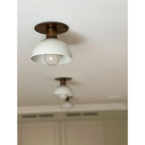 Modern Flush Mount Ceiling Light – White & Brass Dome Fixture –  Vintage LED Light for Kitchen, Hallway, or Entryway