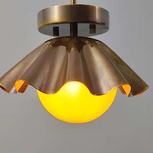 Vintage Brass pendant Ceiling Light with Ruffled Shade , Italian Pendant Glass Globe Light ,  Home Decor Light