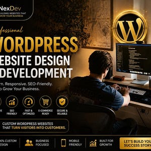 Peut inclure: Un graphique promotionnel pour les services de conception et de développement de sites Web WordPress NexDev. Le texte indique : Professional WordPress Website Design & Development. Modern, Responsive, SEO-Friendly. Built to Grow Your Business. Custom WordPress websites that turn visitors into customers. Let's build your success story.