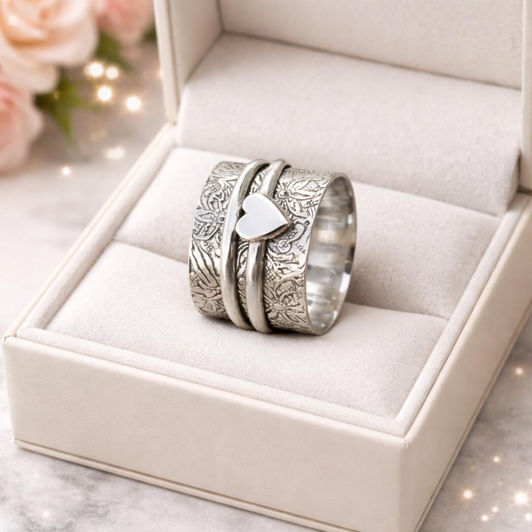 Sterling Silver Floral Spinner, Heart Worry Ring, Boho Thumb Ring - Etsy