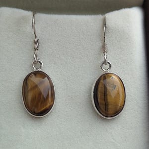 Sterling Silver Tiger&#39;s Eye Dangle Earrings: Handmade Bezel Setting