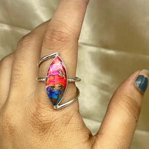 Pink Oyster Turquoise Sterling Silver Ring: Gemstone Statement Band