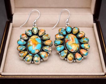Mohave Spiny Oyster Turquoise Flower Cluster Earrings, Sterling Silver Multi Color Jewelry